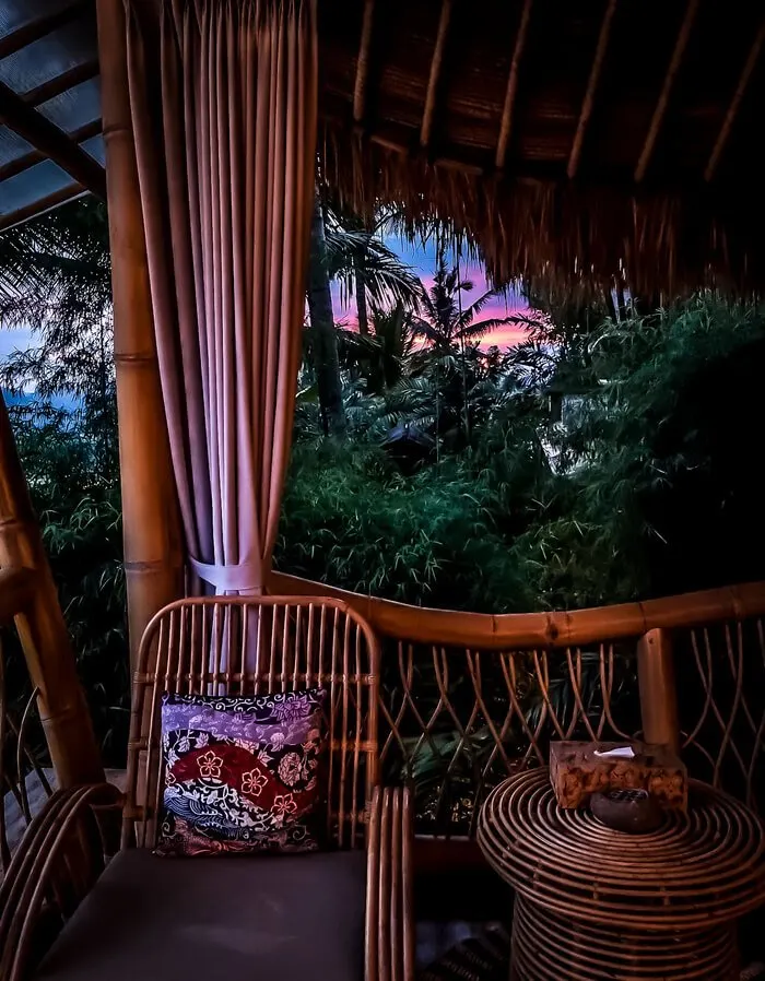 magic hills bali bamboo house princess house seating area upstairs sunset view
