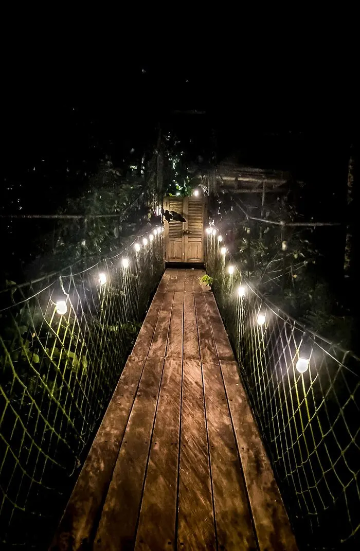 sebatu sanctuary eco resort ubud bali suspensions bridge to hobbit treehouse at night